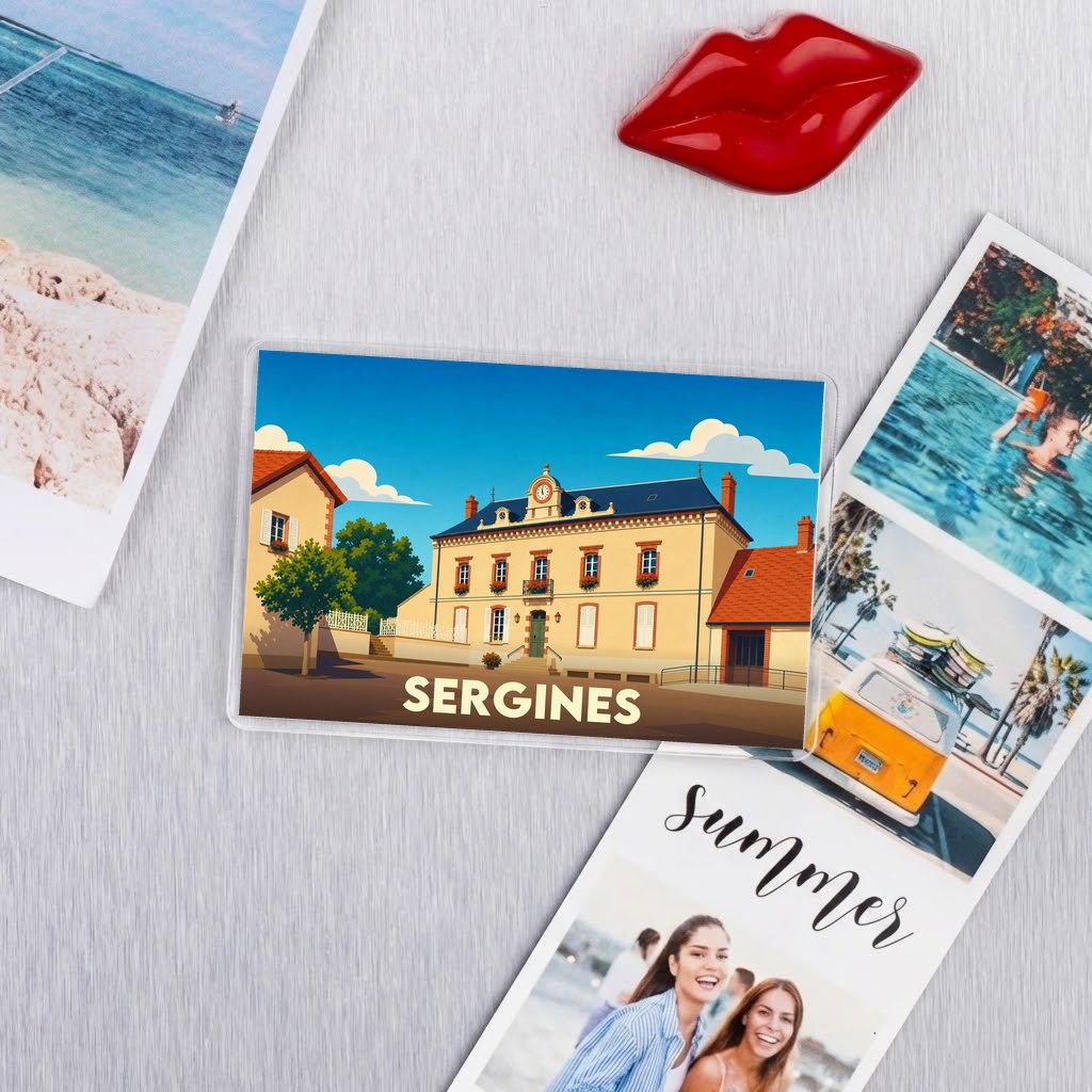 Magnet souvenir de la ville de Sergines avec une illustration stylisée d'un bâtiment historique.