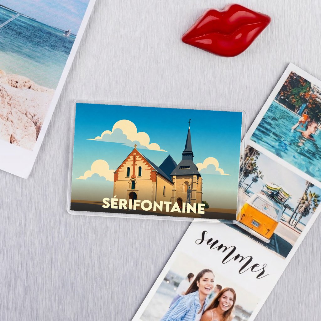Magnet souvenir de la ville de Sérifontaine avec une illustration stylisée de son église.
