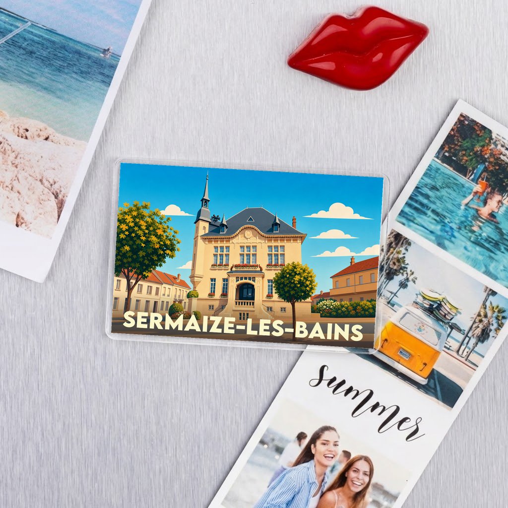 Magnet souvenir de la ville de Sermaize-les-Bains avec une illustration stylisée de son hôtel de ville.