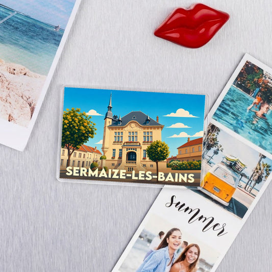 Magnet souvenir de la ville de Sermaize-les-Bains avec une illustration stylisée de son hôtel de ville.