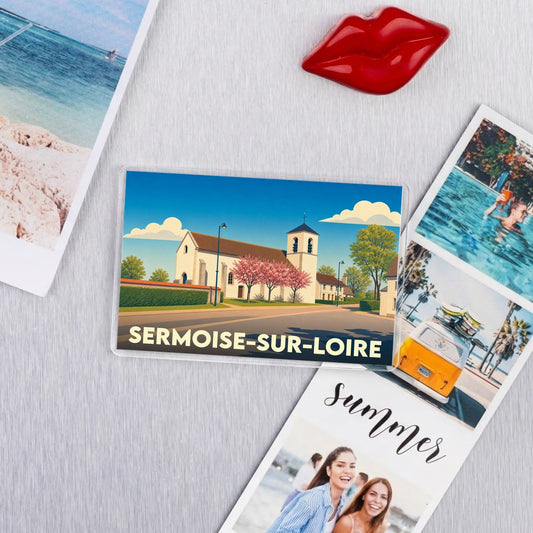 Magnet souvenir de la ville de Sermoise-sur-Loire avec une illustration stylisée.