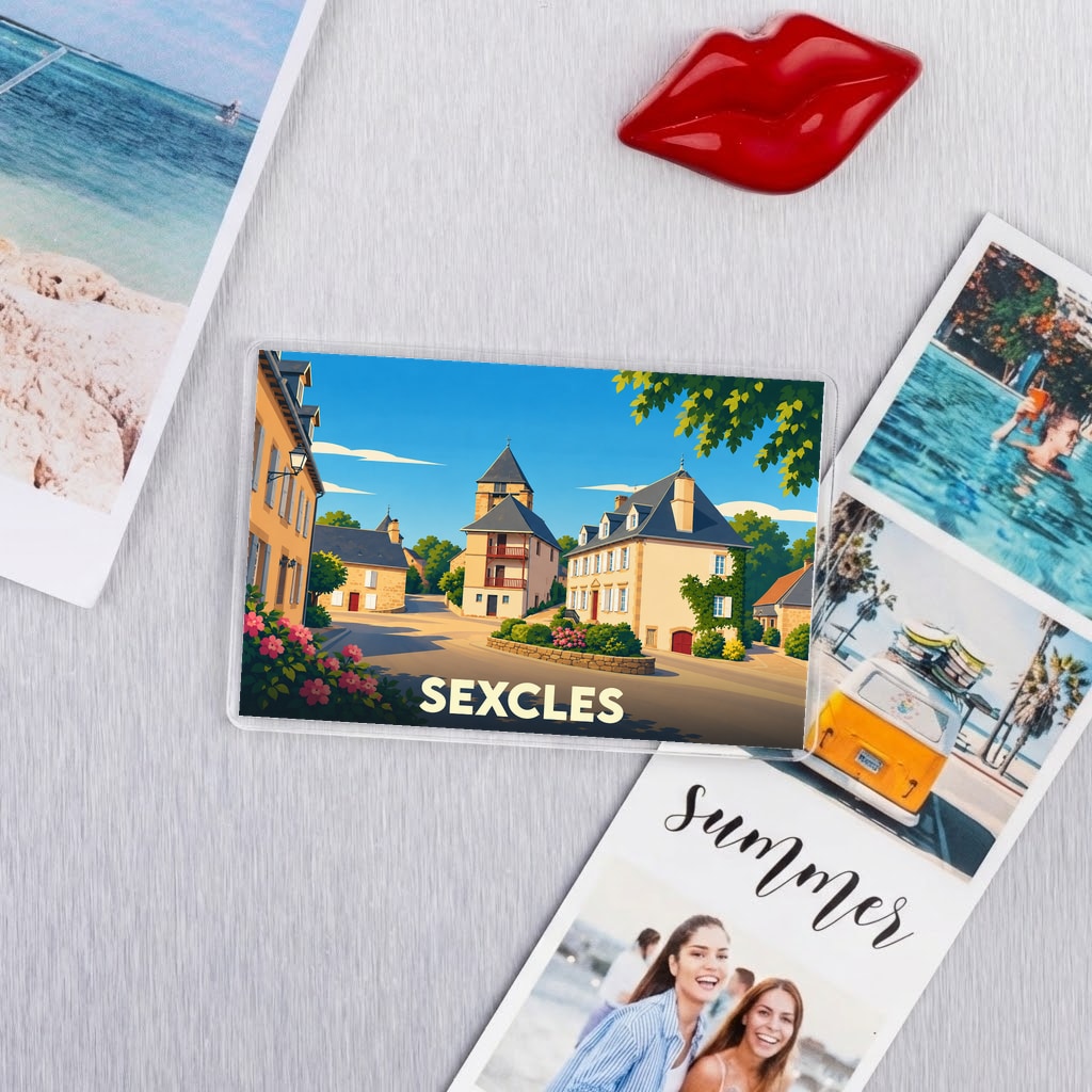 Magnet souvenir de la ville de Sexcles avec une illustration stylisée d'un village pittoresque.
