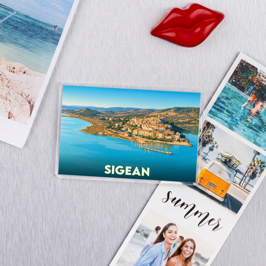 Magnet souvenir de la ville de Sigean avec une illustration panoramique stylisée.