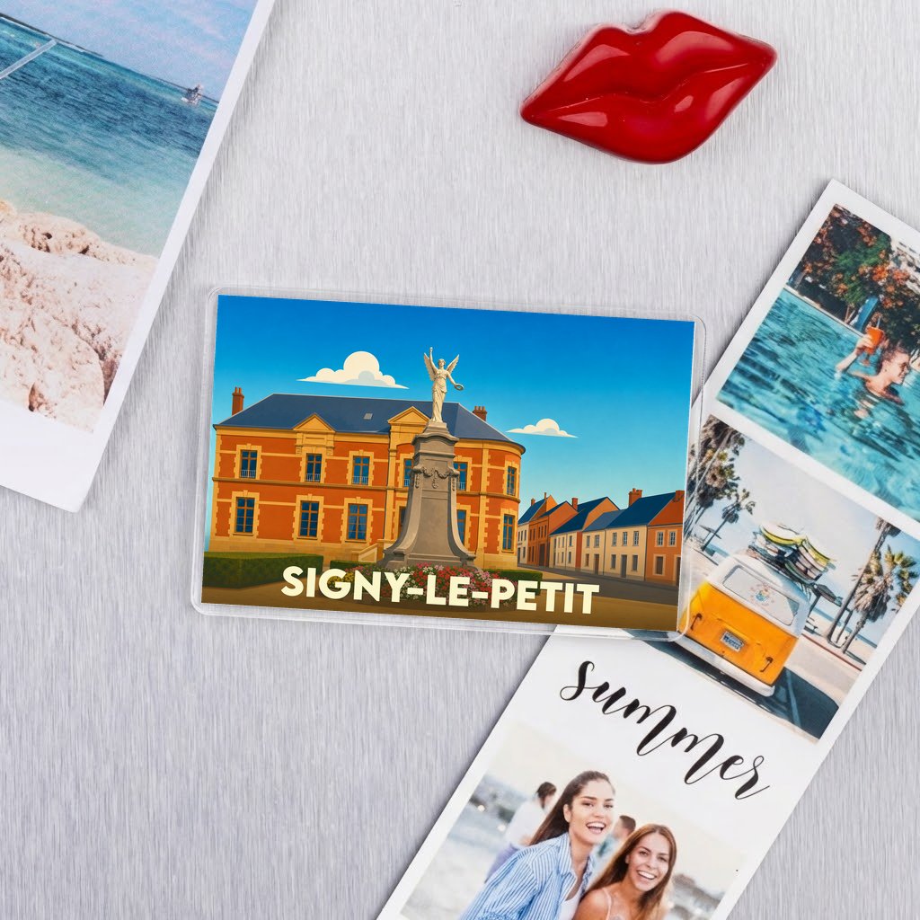 Magnet souvenir de la ville de Signy-le-Petit avec une illustration stylisée de sa place principale.