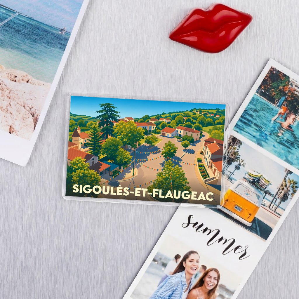 Magnet souvenir de la ville de Sigoulès-et-Flaugeac avec une illustration stylisée.