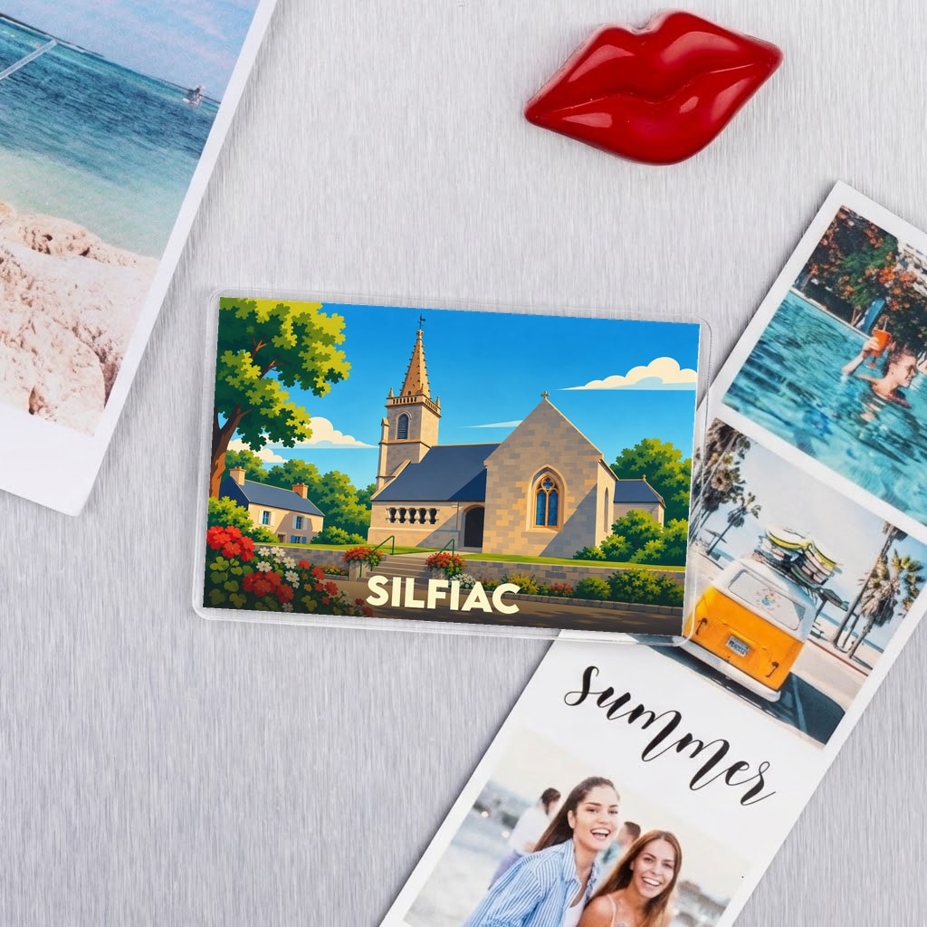 Magnet souvenir de la ville de Silfiac avec une illustration colorée de son église.