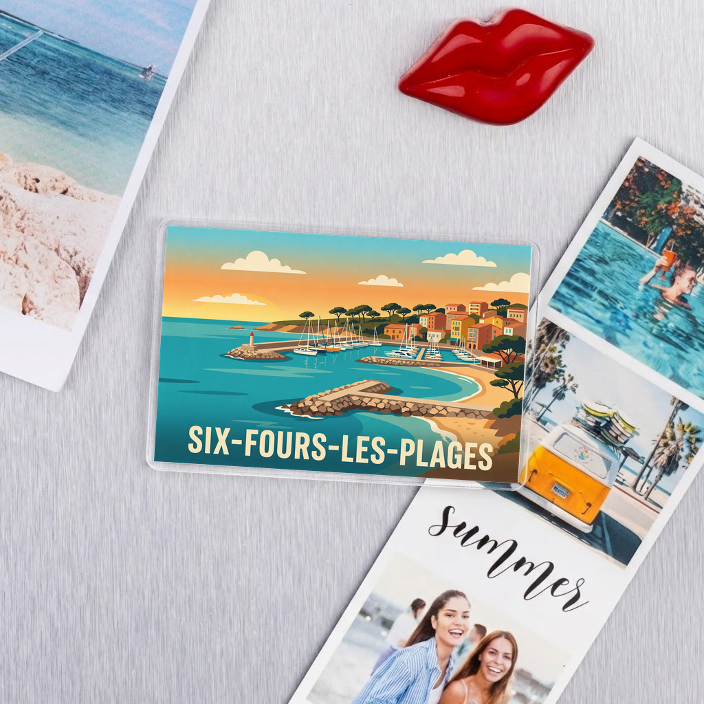Magnet souvenir de la ville de Six-Fours-les-Plages avec une illustration stylisée.