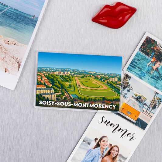 Magnet souvenir de la ville de Soisy-sous-Montmorency avec une illustration stylisée de son hippodrome.