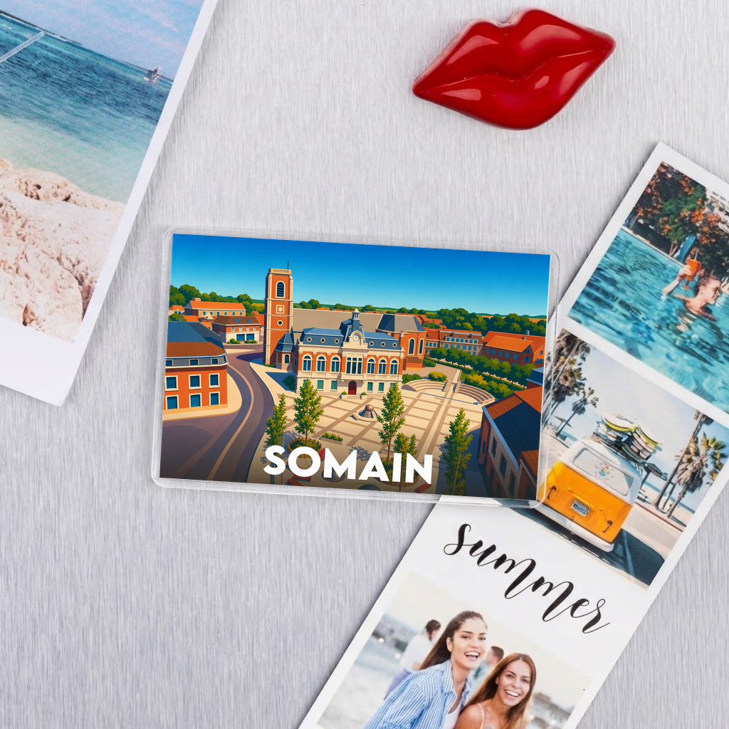 Magnet souvenir de la ville de Somain avec une illustration stylisée.