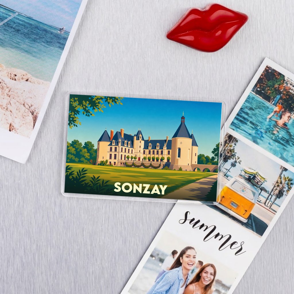 Magnet souvenir de la ville de Sonzay avec une illustration stylisée de son château.