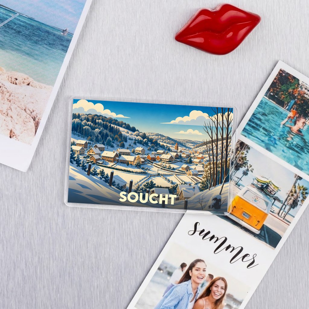 Magnet souvenir de la ville de Soucht avec une illustration hivernale stylisée.