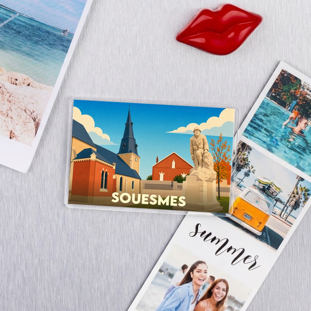 Magnet souvenir de la ville de Souesmes avec une illustration stylisée d'une église et d'une statue.