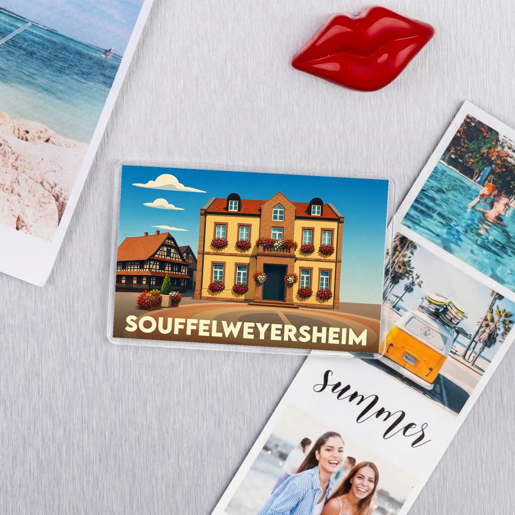 Magnet souvenir de la ville de Souffelweyersheim avec une illustration stylisée d'un bâtiment traditionnel.
