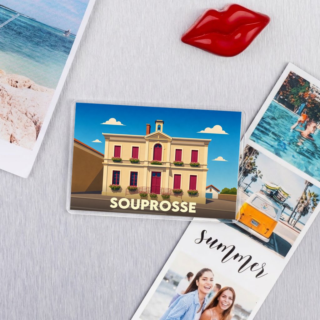 Magnet souvenir de la ville de Souprosse avec une illustration stylisée de sa mairie.