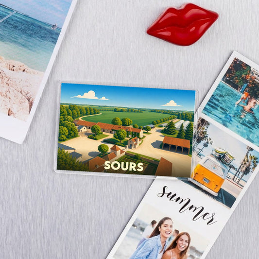 Magnet souvenir de la ville de Sours avec une illustration stylisée.