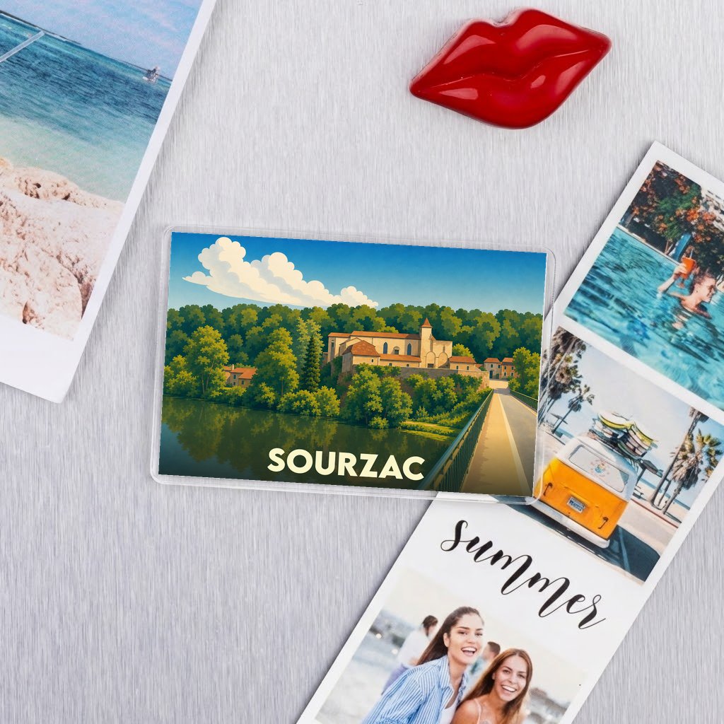 Magnet souvenir de la ville de Sourzac avec une illustration stylisée.