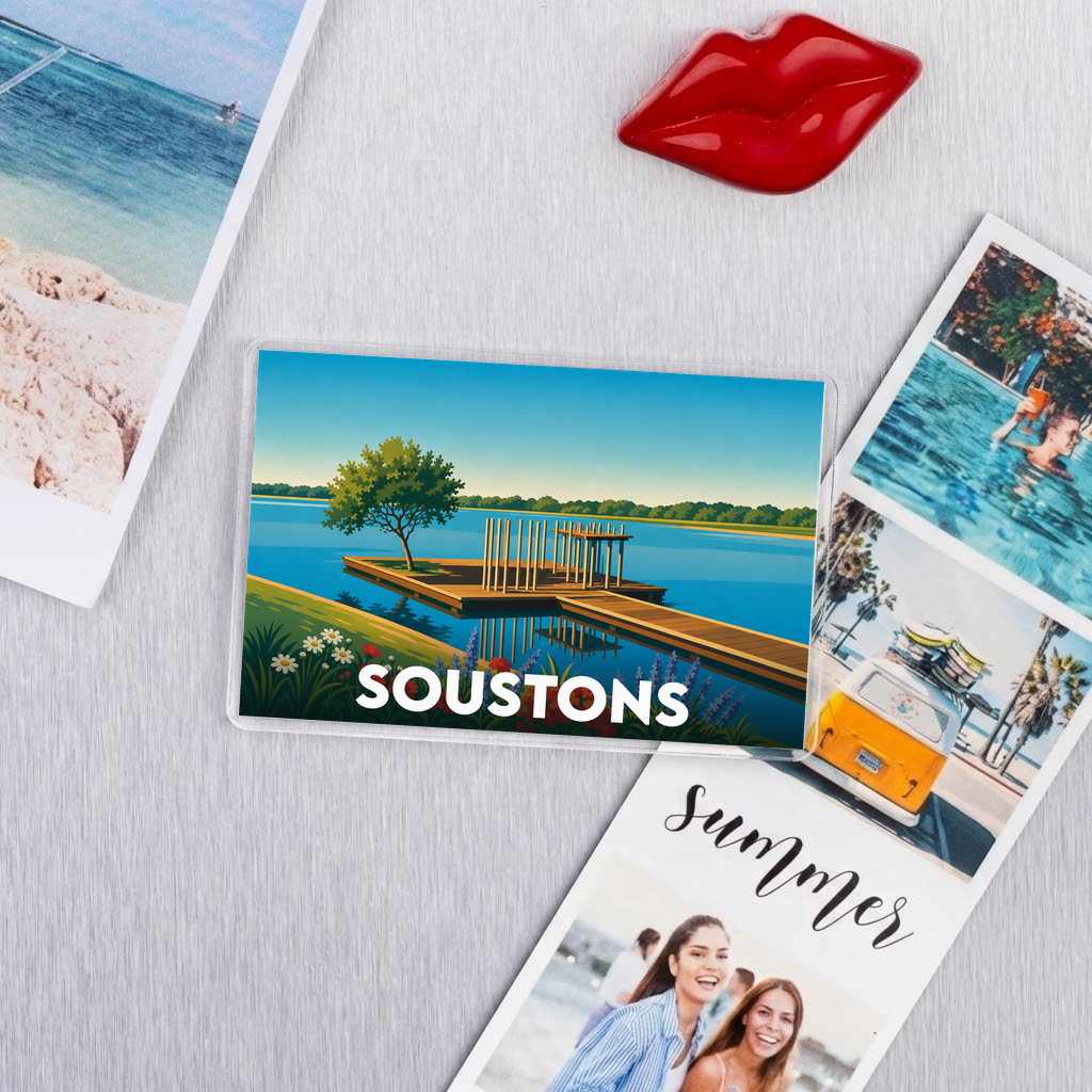 Magnet souvenir de la ville de Soustons avec une illustration stylisée d'un ponton sur le lac.