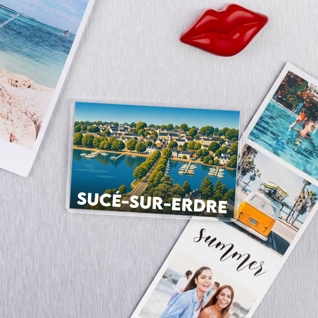 Magnet souvenir de la ville de Sucé-sur-Erdre avec une illustration stylisée de ses bords de l'Erdre.