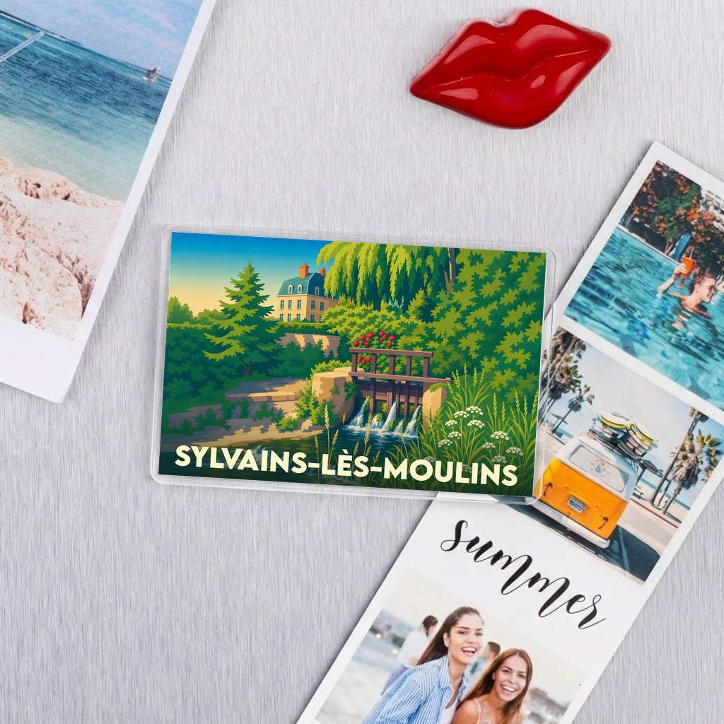 Magnet souvenir de la ville de Sylvains-Lès-Moulins avec une illustration colorée représentant un moulin et un château.