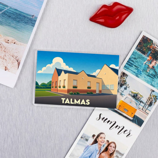 Magnet souvenir de la ville de Talmas avec une illustration stylisée.