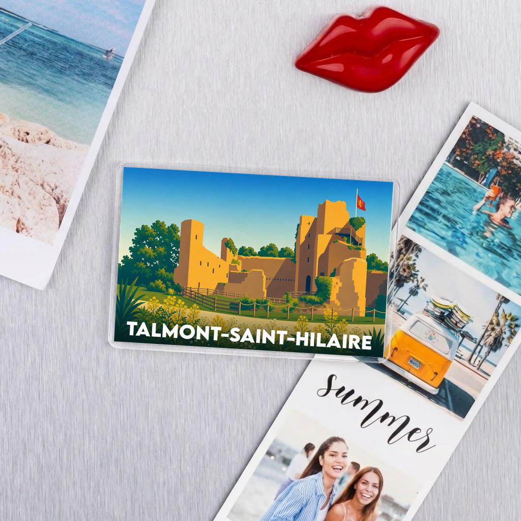 Magnet souvenir de la ville de Talmont-Saint-Hilaire avec une illustration stylisée de son château médiéval.