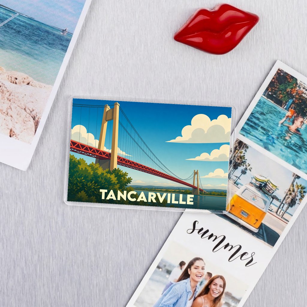 Magnet souvenir de la ville de Tancarville avec une illustration stylisée de son pont suspendu.