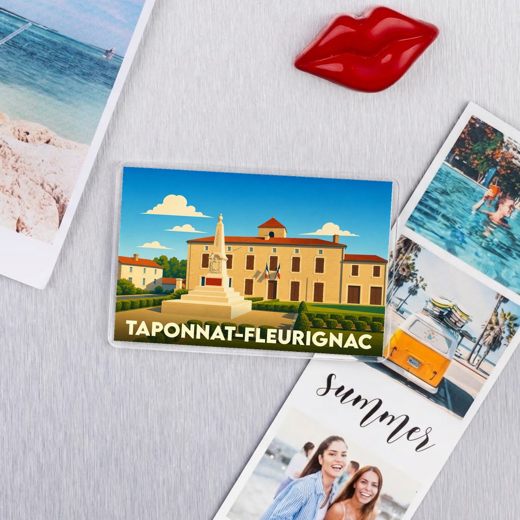 Magnet souvenir de la ville de Taponnat-Fleurignac avec une illustration stylisée de sa mairie.