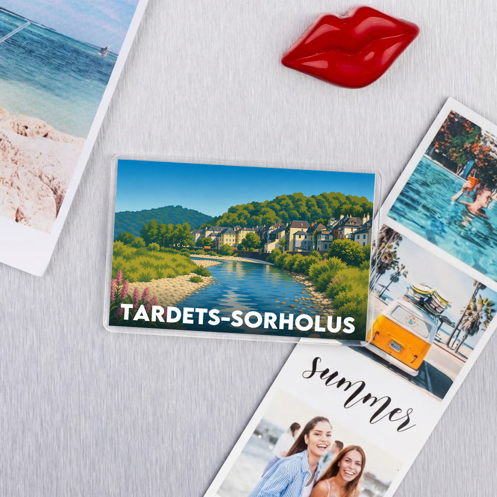 Magnet souvenir de la ville de Tardets-Sorholus avec une illustration stylisée du paysage.