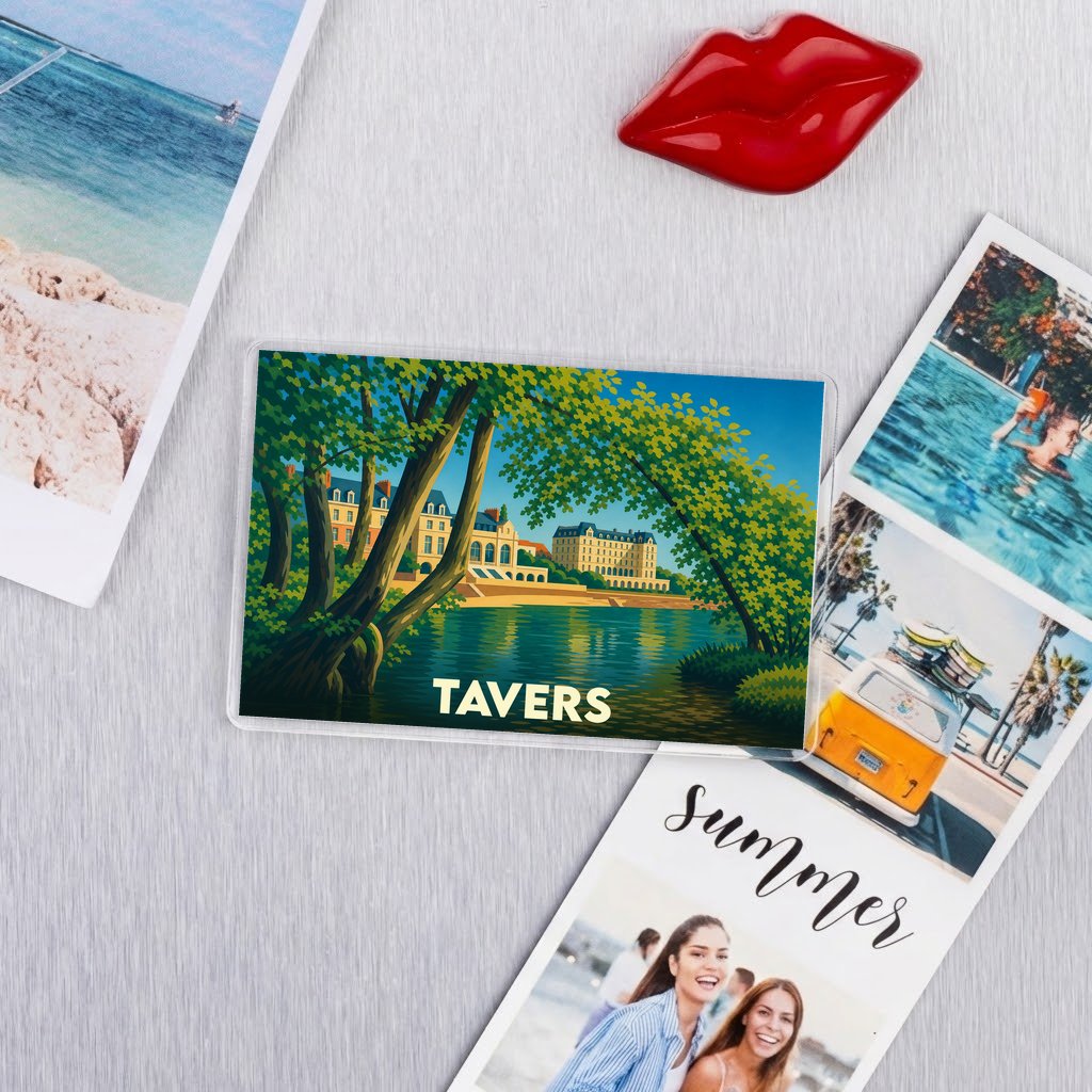 Magnet souvenir de la ville de Tavers avec une illustration stylisée des bords de Loire.