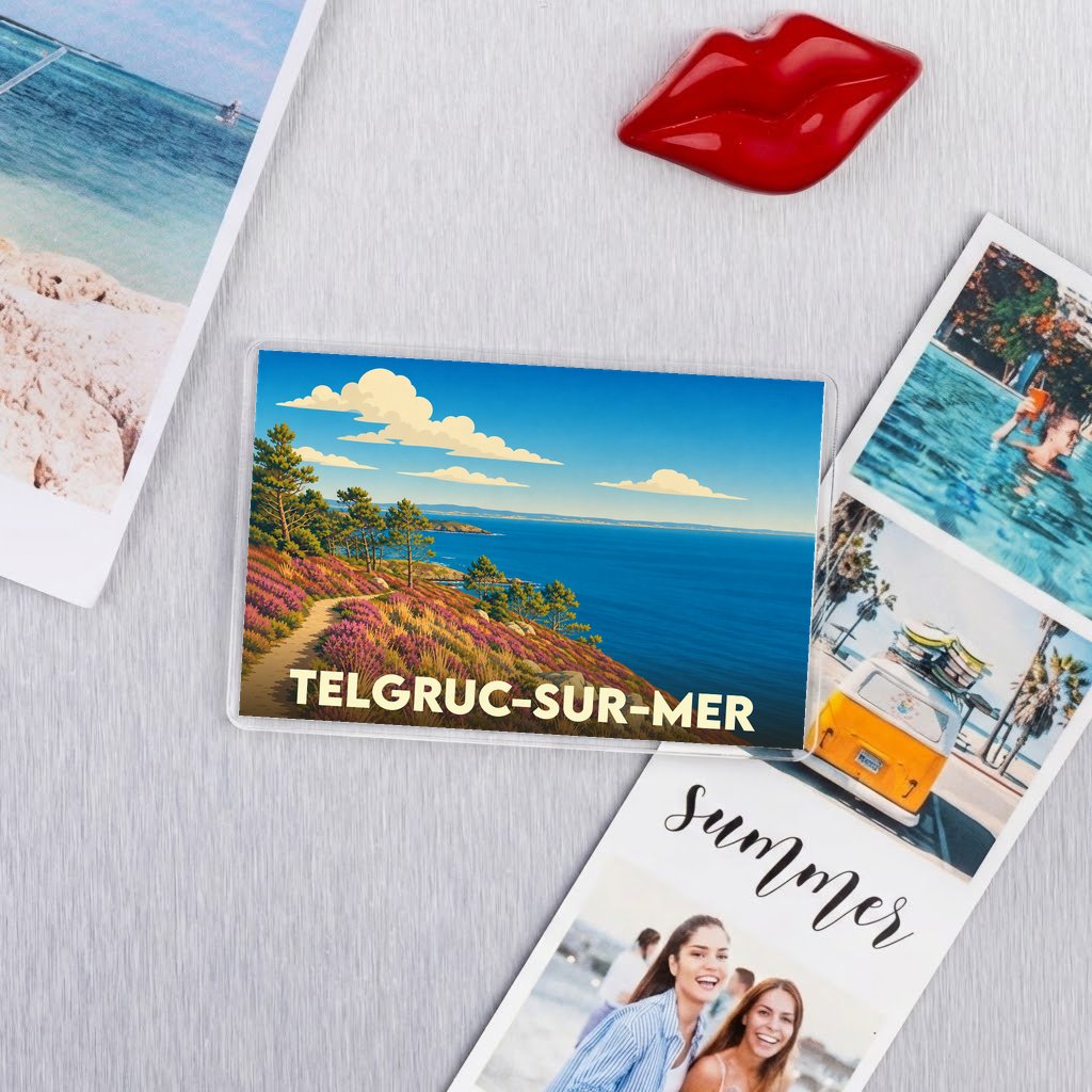 Magnet souvenir de la ville de Telgruc-sur-Mer avec une illustration stylisée du littoral breton.