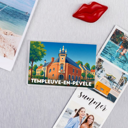 Magnet souvenir de la ville de Templeuve-en-Pévèle avec une illustration stylisée de sa mairie.