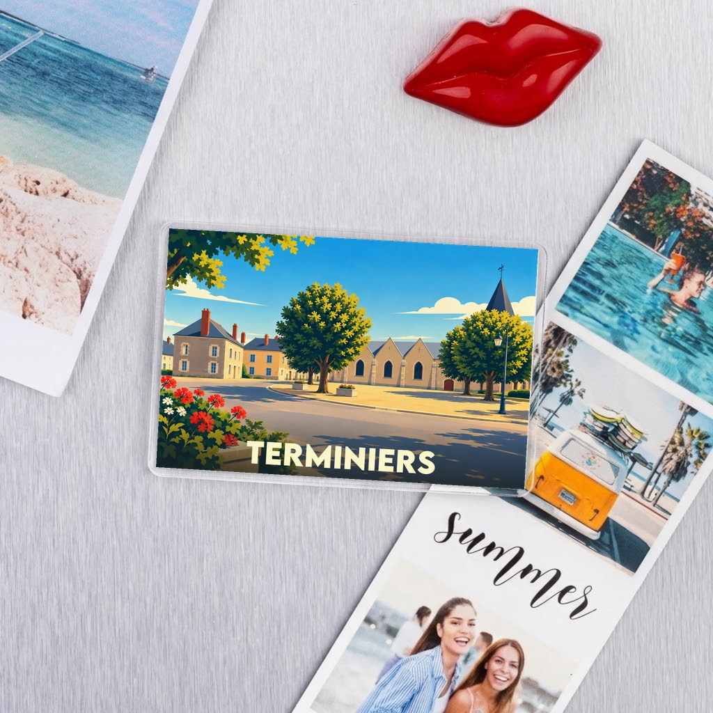 Magnet souvenir de la ville de Terminiers avec une illustration stylisée et colorée.