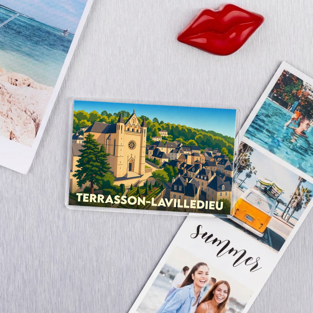 Magnet souvenir de la ville de Terrasson-Lavilledieu avec une illustration stylisée.