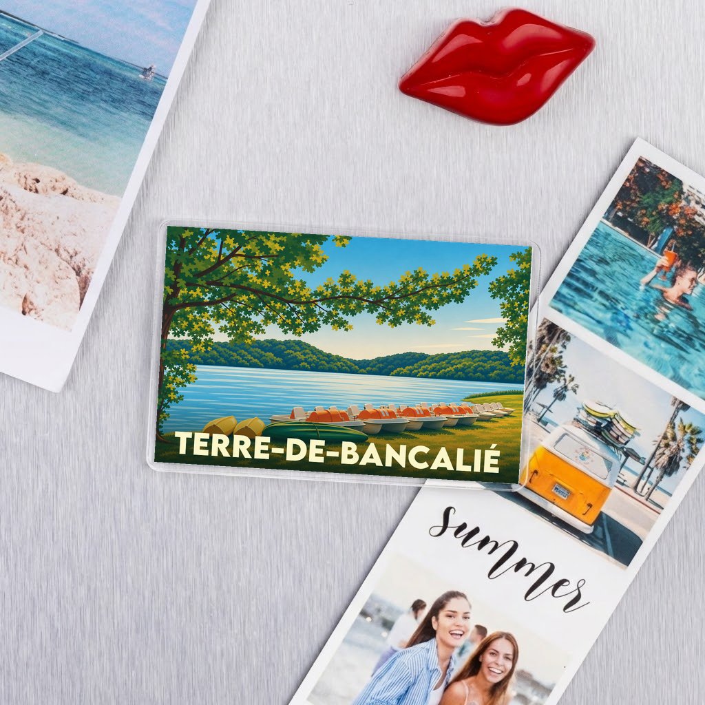 Magnet souvenir de la ville de Terre-de-Bancalié avec une illustration stylisée d'un lac bordé d'arbres et de pédalos.