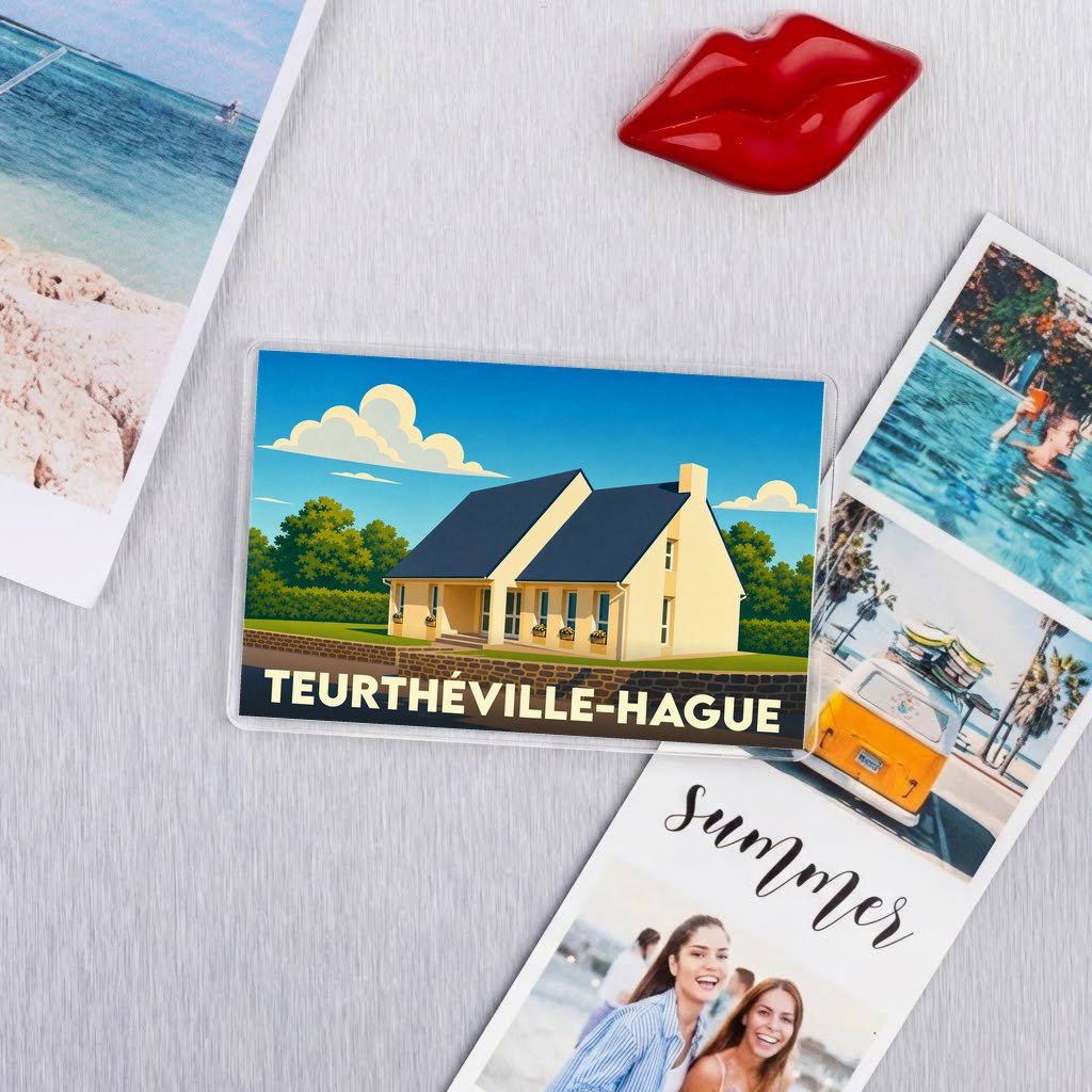 Magnet souvenir de la commune de Teurthéville-Hague avec une illustration stylisée de maison normande.