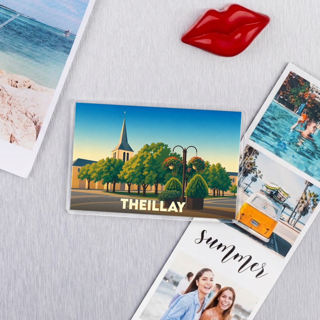Magnet souvenir de la ville de Theillay avec une illustration stylisée.