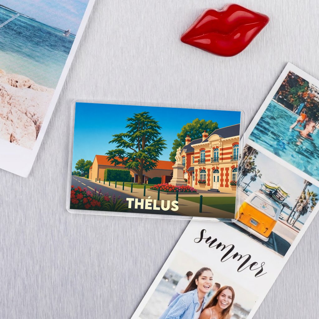 Magnet souvenir de la ville de Thélus avec une illustration stylisée et colorée.