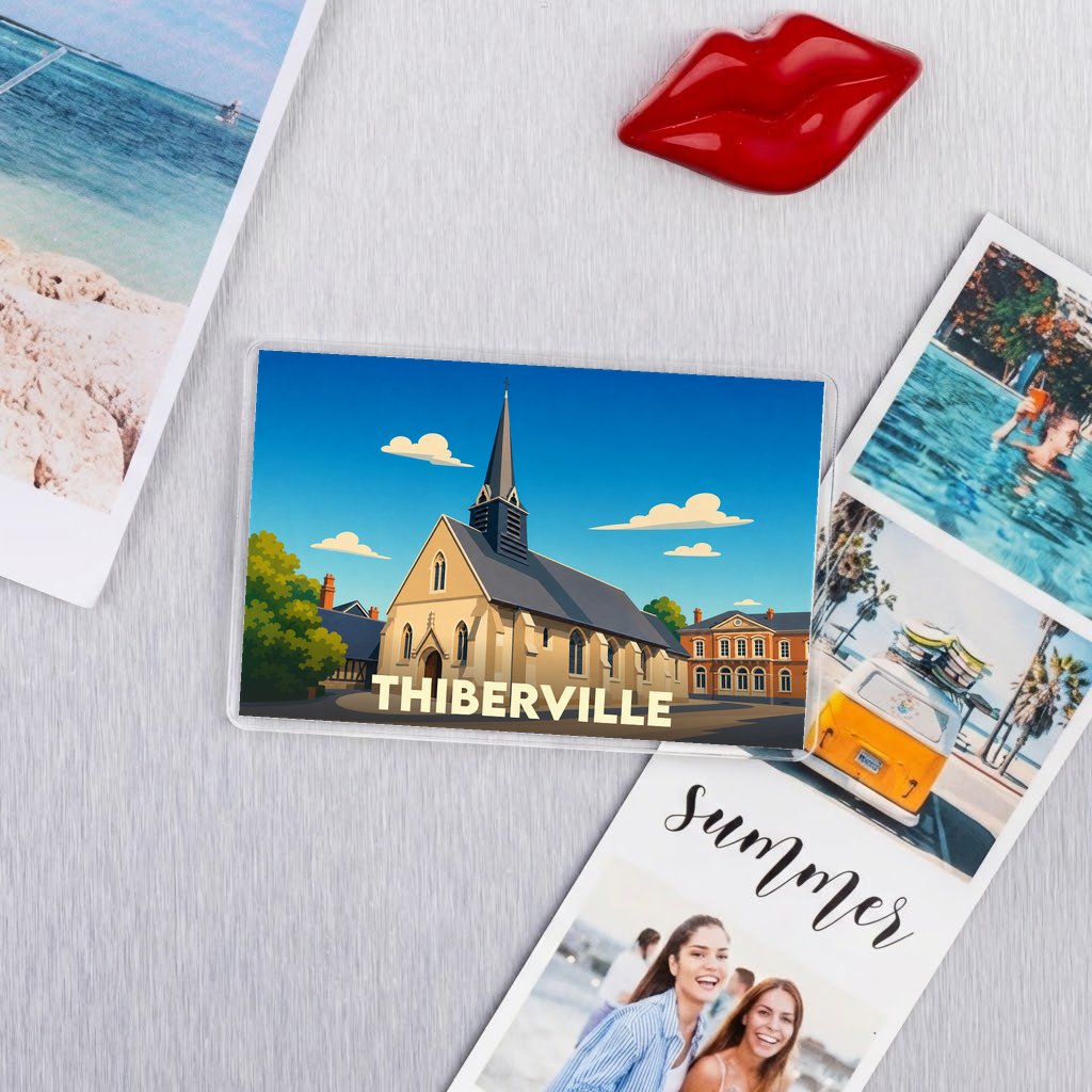 Magnet souvenir de la ville de Thiberville avec une illustration stylisée de son église.