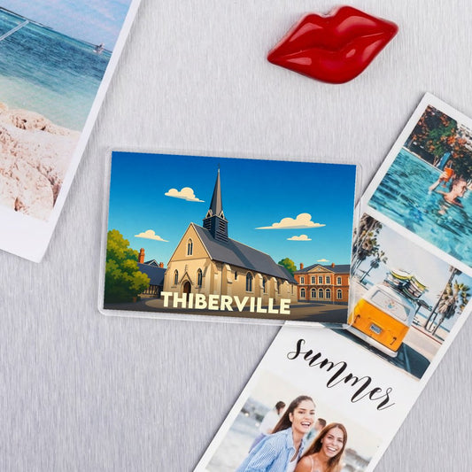 Magnet souvenir de la ville de Thiberville avec une illustration stylisée de son église.