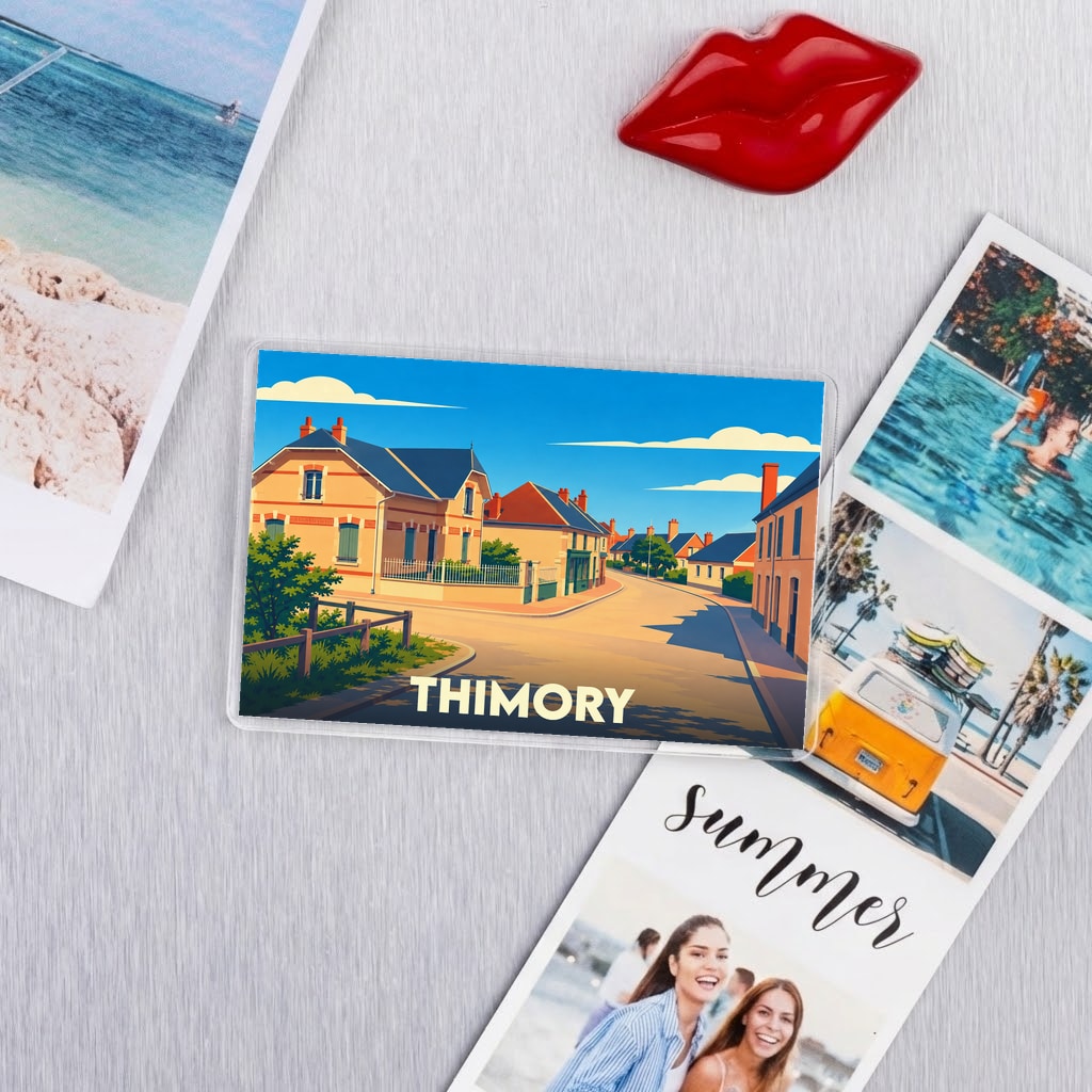 Magnet souvenir de la ville de Thimory avec une illustration stylisée.