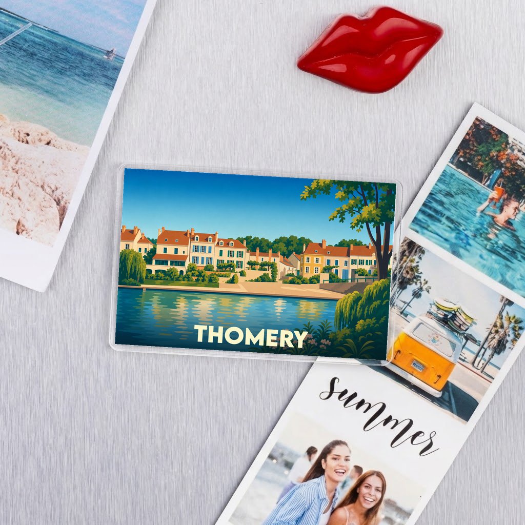Magnet souvenir de la ville de Thomery avec une illustration stylisée des bords de Seine.