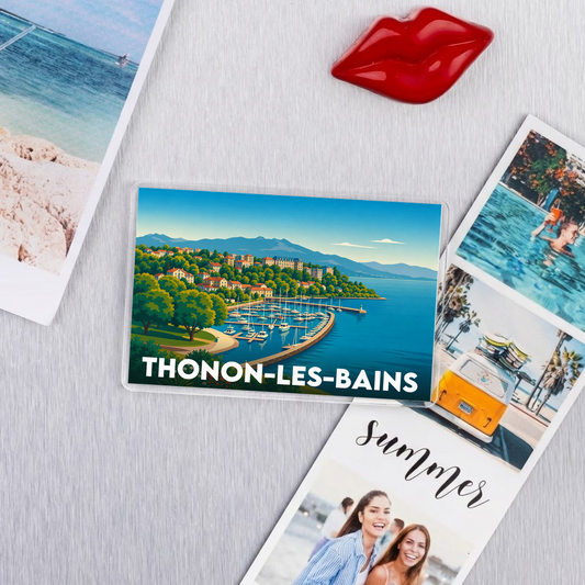 Magnet souvenir de la ville de Thonon-les-Bains avec une illustration stylisée.