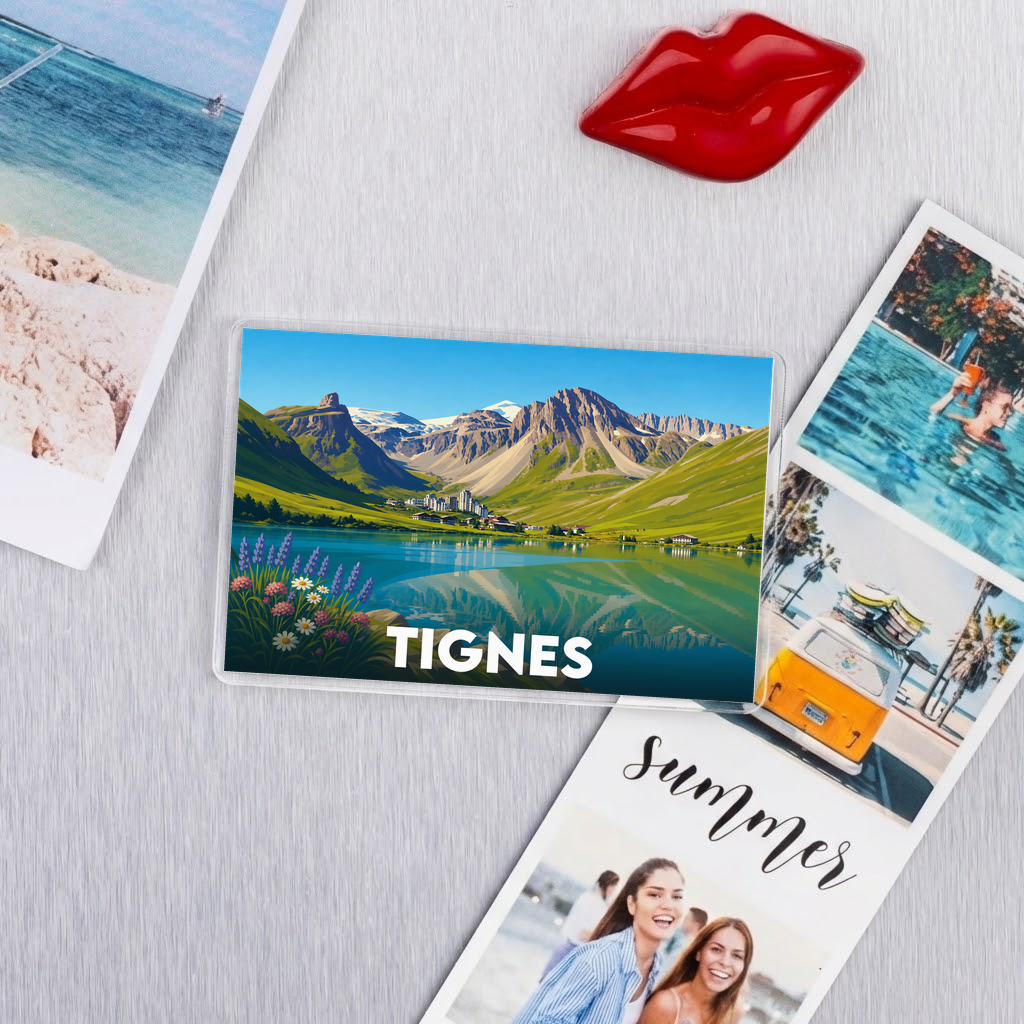 Magnet souvenir de la ville de Tignes avec une illustration stylisée de son lac et de ses montagnes.