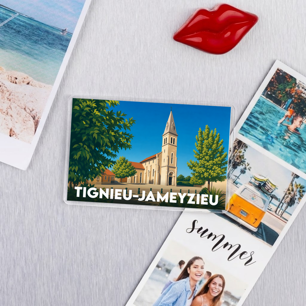 Magnet souvenir de la ville de Tignieu-Jameyzieu avec une illustration stylisée de son église.