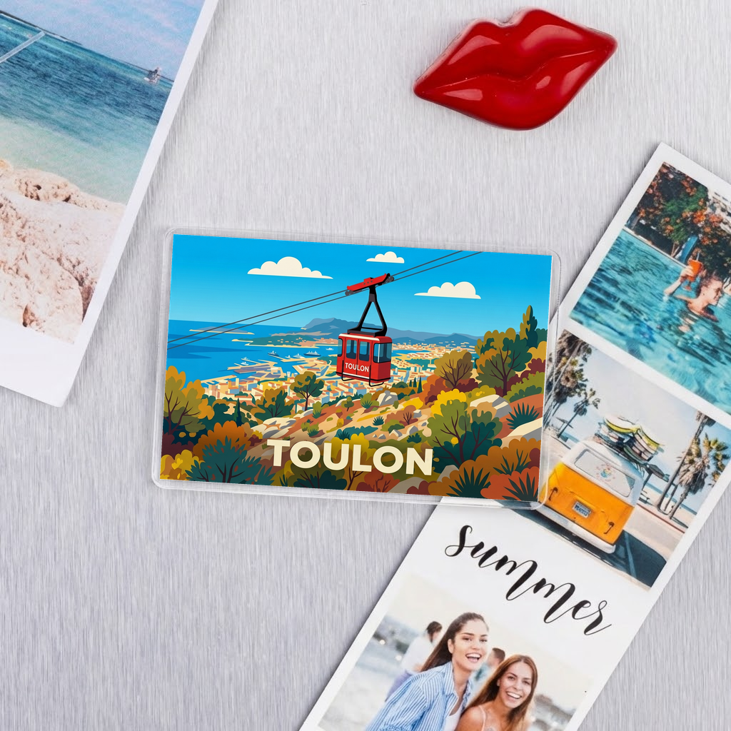 Magnet souvenir de la ville de Toulon avec une illustration stylisée d'un téléphérique surplombant la baie.