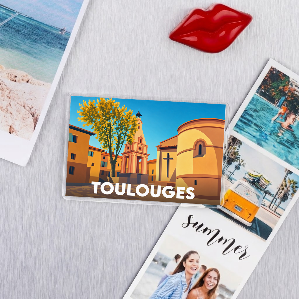 Magnet souvenir de la ville de Toulouges avec une illustration colorée et stylisée.