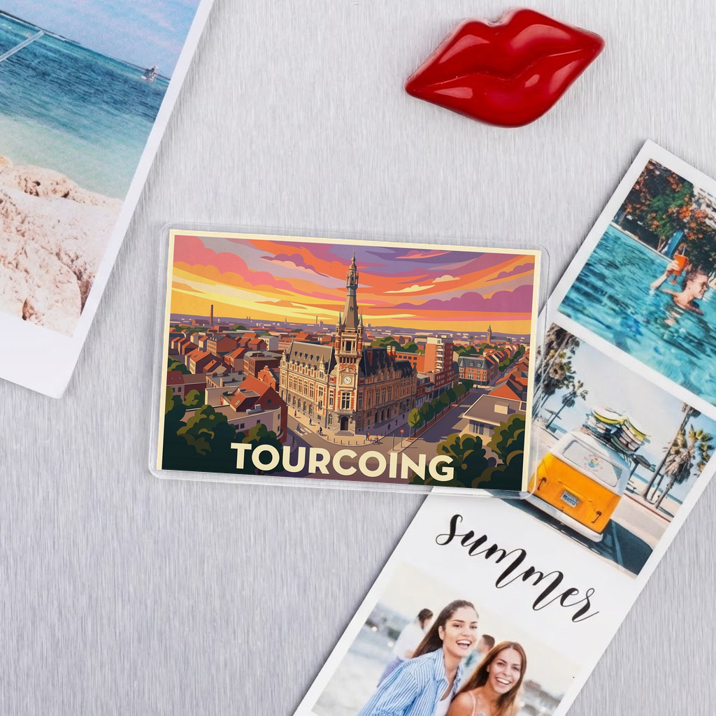 Magnet souvenir de la ville de Tourcoing avec une illustration stylisée.
