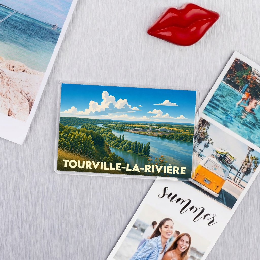 Magnet souvenir de la ville de Tourville-la-Rivière avec une illustration stylisée d'un paysage fluvial.