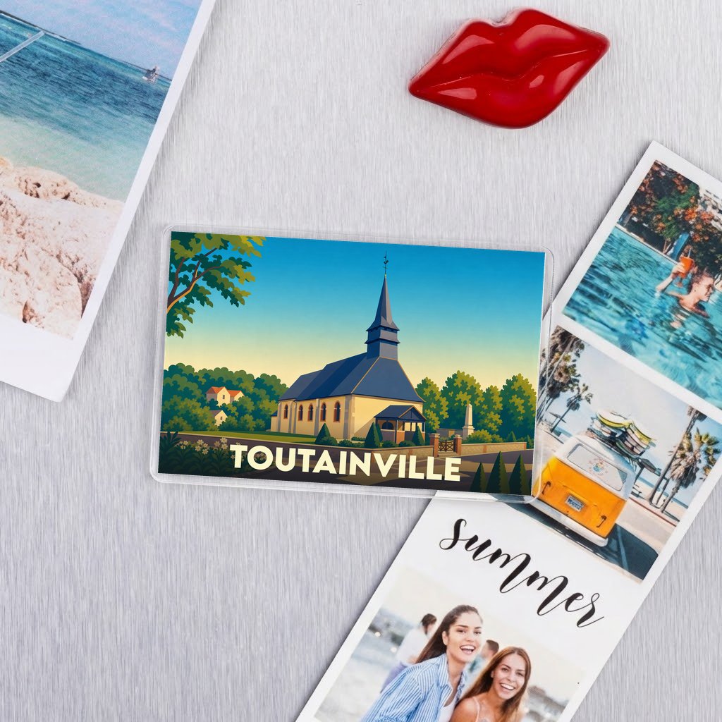 Magnet souvenir de la ville de Toutainville avec une illustration stylisée de son église.
