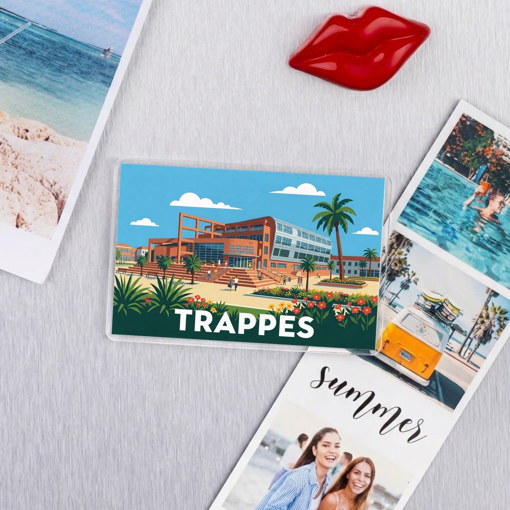 Magnet souvenir de la ville de Trappes avec une illustration stylisée et colorée.